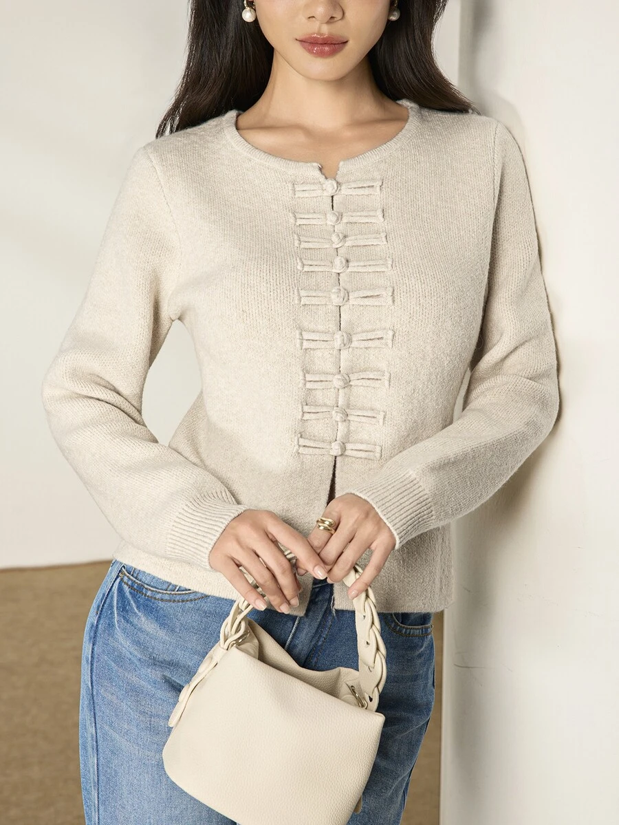 Heiryn Women's Solid Color Casual Versatile Daily Wear Long Sleeve Sweater - Apricot - View 1