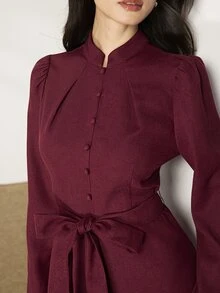 Heiryn Women's Solid Color Waist Tie Casual Party Mid-Length Dress - Burgundy - View 4