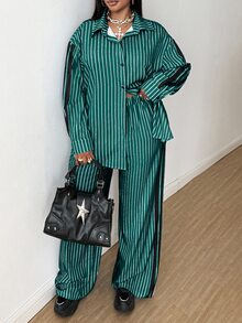 Maweii 秋冬條紋通勤簡約襯衫 寬鬆休閒印花大尺碼長褲 女款兩件套 - 墨綠色 - 查看 8