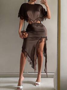 SHEIN Tall CURVE Plus Size Sexy Lace Patchwork Cutout Bodycon Dress - Coffee Brown - View 5