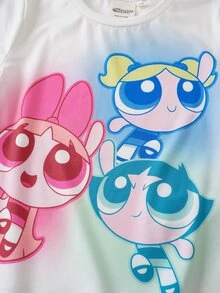 THE POWERPUFF GIRLS X SHEIN Young Girl Cartoon Print Short Sleeve T-Shirt - White - View 4