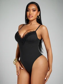 Radiana Sexy Elegant Unique Black Lace Trim Patchwork Camisole Corset, Built-In Bra Top, Corset, All-Match Versatile Top, With Padding - Black - View 3