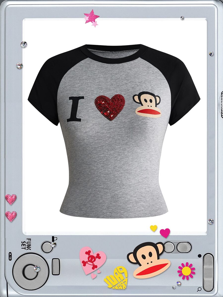 Paul Frank X ROMWE 亞文化女孩休閒聯名 I Love 印花落肩袖女款修身 T 恤 - 灰色 - 查看 1