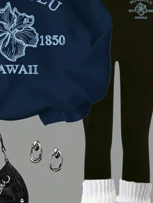 青少年女孩休閒極簡圖案字母花卉鈷藍色Pop寬鬆套頭帽顯式衛衣與內搭褲2件套，舒適長袖運動衫，溫馨秋冬風格，返校季時尚新款 - 彩色 - 查看 6