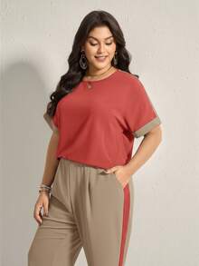 Comfylo Ensemble de tenue décontractée pour femme grande taille avec top col rond blocs de couleurs et pantalon pour usage quotidien - Multicolore - Voir 5