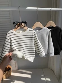 SHEIN 男嬰條紋圖案針織柔軟圓領長袖套頭衛衣 3 件套，百搭舒適 - 彩色 - 查看 7