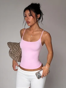 SHEIN Dewbera 女款無縫瑜伽運動背心，露背細肩帶設計 - 粉色 - 查看 4
