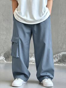 SHEIN 兒童青少年男孩休閒日常舒適工裝直筒寬鬆長褲，霧藍色，新年款，6-7歲適用，適合外出、約會、上學，春夏秋冬四季皆宜 - 霧霾藍 - 查看 2