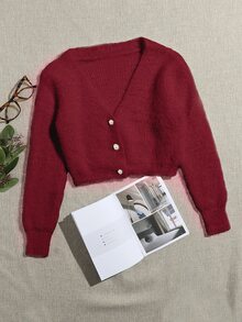 SHEIN Unity 女款素色休閒百搭日常長袖開襟衫 - 紅色 - 查看 3