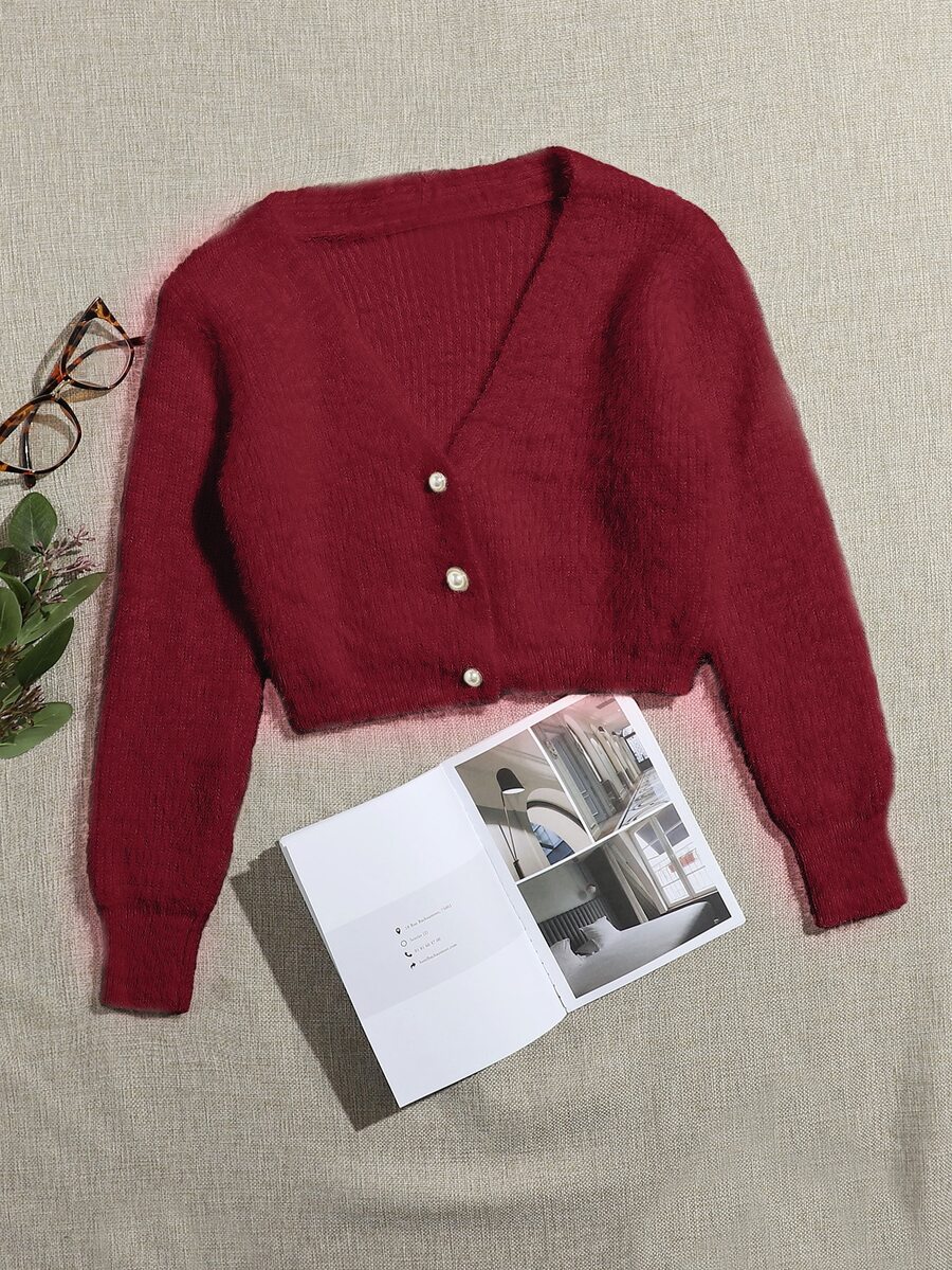 SHEIN Unity Áo cardigan nữ tay dài màu trơn, phong cách thường ngày, đa năng, mặc hàng ngày - Đỏ - Xem 1