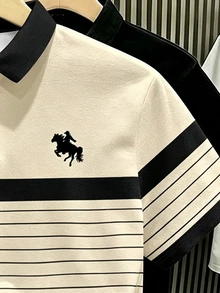 Manfinity Hypemode 男士對比色條紋短袖 Polo 衫，正式風，老錢風 - 彩色 - 查看 3