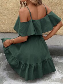 SHEIN Clasi 女款優雅波西米亞休閒細肩帶露肩舒適純棉素色深綠色A字裙 度假夏季 - 墨綠色 - 查看 8