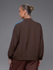 Voyena Women's Plus Size Color Block Striped Sports Jacket - Coffee Brown - View 7