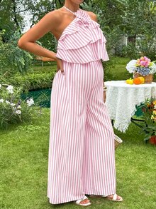 SHEIN Maternity Striped Floral Decor One-Piece Long Pants - Pink - View 6
