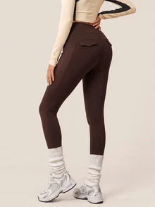 SHEIN BAE Women Brown Pocket High Waist Leggings Tummy Control Gym Workout Training Running Yoga Athletic Pants - Coffee Brown - View 3