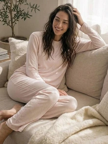 Livesso Set Pakaian Tidur Rumah Kasual Sehari-hari untuk Wanita, Atasan Lengan Panjang dan Celana Warna Polos, Musim Gugur - Berwarna merah muda - View 5