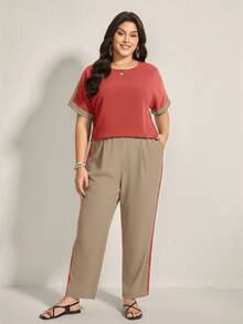 Comfylo Ensemble de tenue décontractée pour femme grande taille avec top col rond blocs de couleurs et pantalon pour usage quotidien - Multicolore - Voir 4