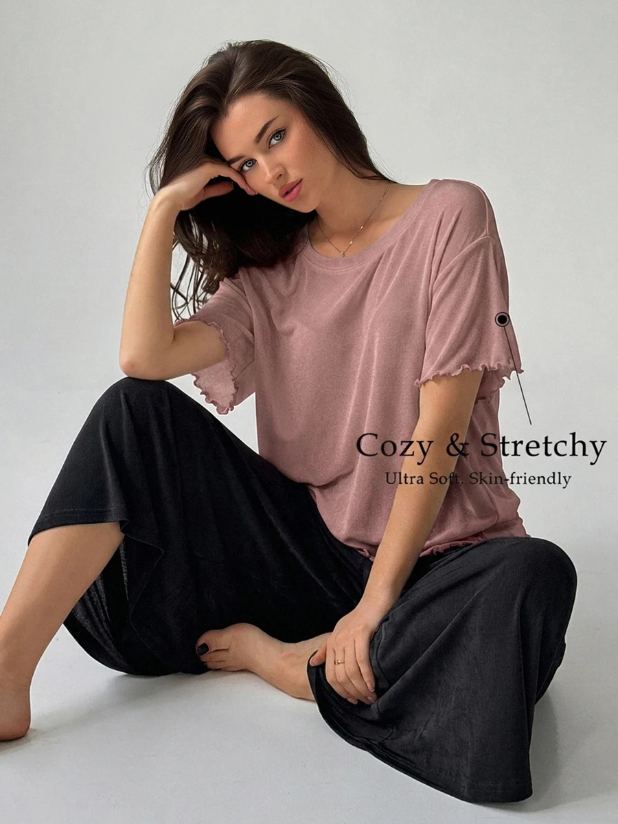 DAZY 2件組女款寬鬆短袖T恤與直筒睡褲居家服套裝 - 紫色 - 查看 1