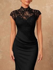 Lumalex Women's Lace Patchwork Pleated Casual Party Dress - Black - View 6