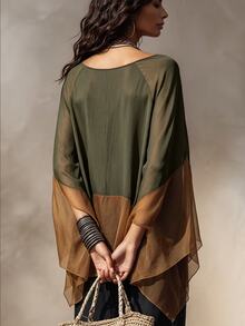SHEIN New Women's Colorblock Patchwork Versatile Slimming Blouse Shirt - Dark Green - View 2