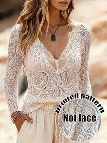 SHEIN LUNE CURVE Plus Size Women V-Neck Lace Patchwork Fitted Versatile Daily Casual Long Sleeve T-Shirt Fall - White - View 1