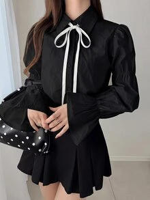 FRIFUL 女款春夏全棉拼接配色抽繩長袖寬鬆休閒百搭襯衫可愛上衣 - 黑色 - 查看 4