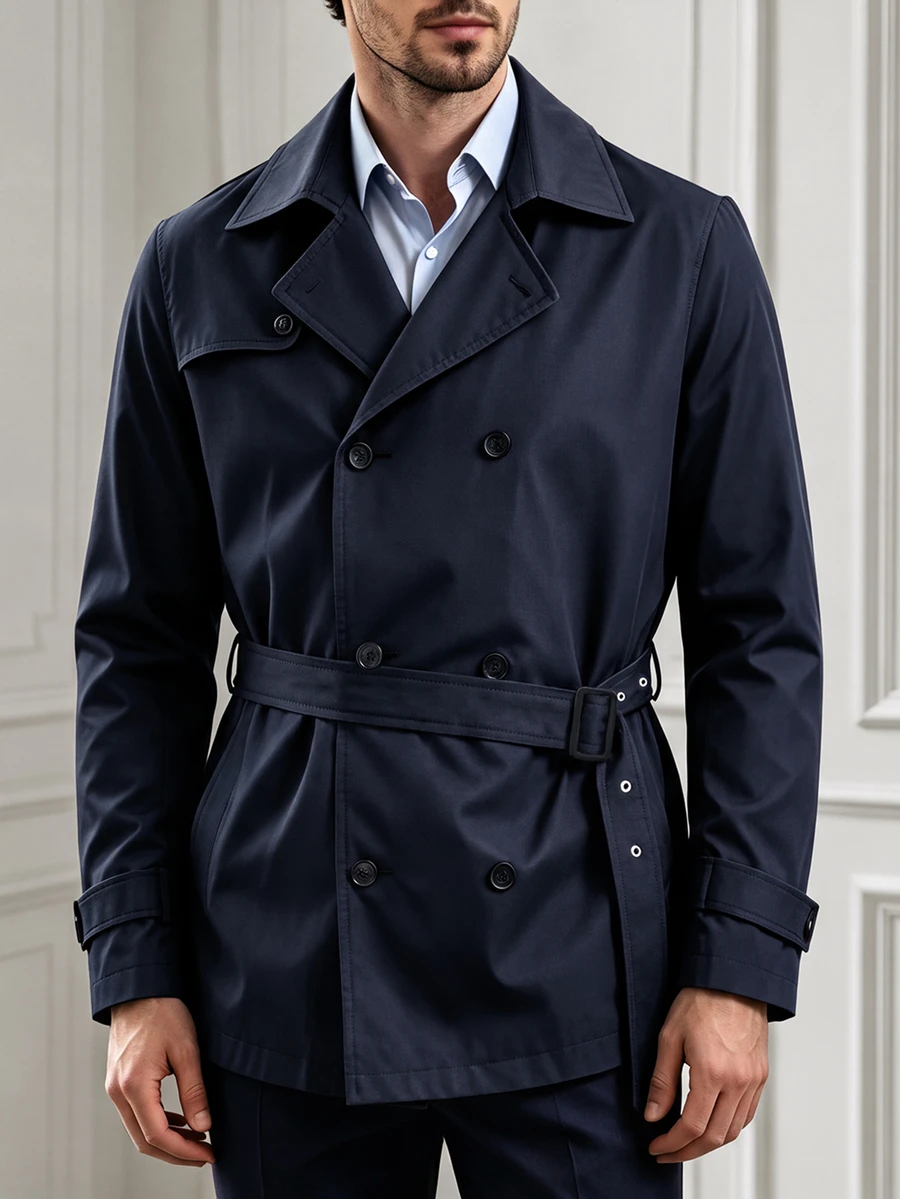Core Aspect Mantel Trench Pria Berkancing Ganda Warna Biru Tua Musim Gugur yang Elegan dan Bergaya, Jaket Longgar Warna Polos Panjang Sedang - Navy Blue - View 1