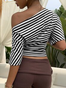 Aloruh Asymmetrical Shoulder Loose Top With Ruched Waist, Simple Basic Striped T-Shirt - Black and White - View 2