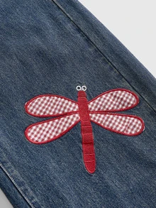 ROMWE Y2K Millennium Retro Plaid Dragonfly & Ladybug Applique Embroidered Loose Casual Low Waist Women's Jeans - Blue - View 5