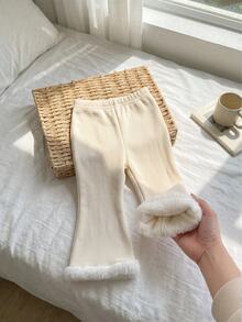 SHEIN Baby Girl Cute Casual Versatile Thermal Lined Elastic Waist Flared Leg Pants - Beige - View 3