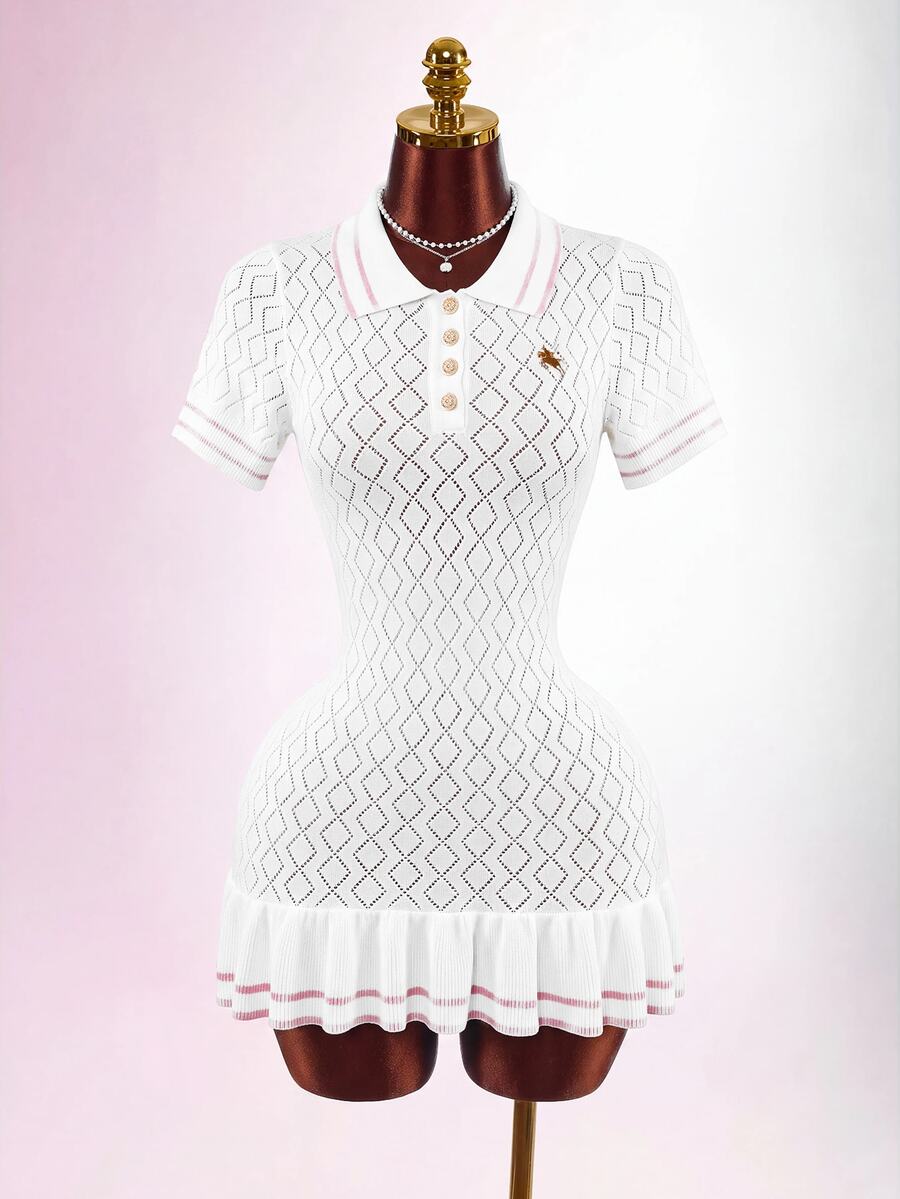 Amplova 女款針織性感前衛短袖洋裝,附領口與蕾絲下擺,適合返校季 - 白色 - 查看 1