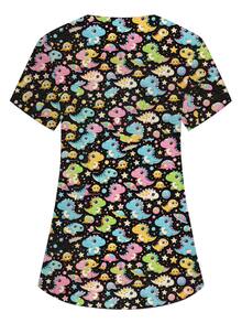 PopScrub V-Neck Short Sleeve Double Pocket Cartoon Print, Pattern Design Print Nurse/Doctor Work Uniform Top/Health Check-Up Scrub Uniform, Cute Little Dinosaur, Starry Sky, Full Star Cartoon Print Pattern Design Print Nurse, Laboratory, Doctor Work Uniform, Multi-Pocket Functional Women's Top - Black - View 2