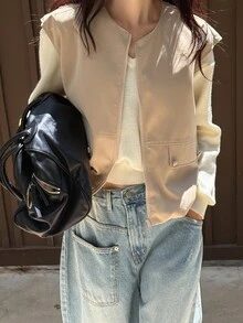 DAZY 夏季新款寬鬆休閒無袖背心 女款商務休閒風正裝外套可愛上衣 - 卡其色 - 查看 1