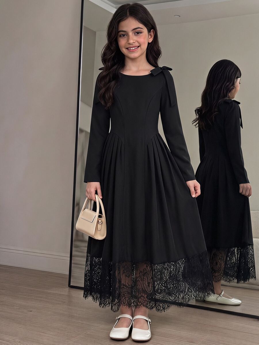 SHEIN 青少年女孩春秋冬款休閒優雅時尚新款黑色肩部蝴蝶結裝飾對比蕾絲長袖長洋裝,日常穿著,外出/內搭洋裝 - 黑色 - 查看 1