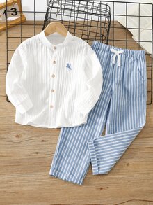 PrepCrw 兒童小男孩學院風刺繡Logo立領長袖襯衫/長褲套裝 - 藍色 - 查看 3