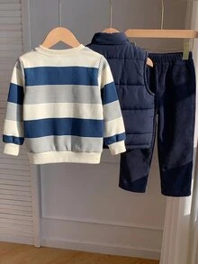 SHEIN 3pcs/Set Young Boy Autumn/Winter Cute Casual Versatile Fleece Lined Thick Vest Jacket, Khaki Striped Sweatshirt, Tracksuit Joggers Long Pants, Suitable For Indoor, Outdoor, Daily, Sports, Play, Party, Photo, Vacation, Holiday - Navy Blue - View 2