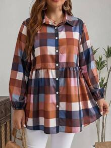 EMERY ROSE Plus Size Women's Plaid Pleated Casual Versatile Daily Wear Shirt Fall - Multicolor - View 5