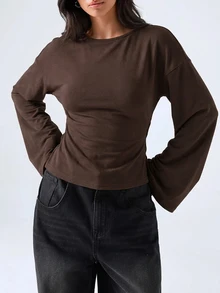 LYSMO 女款素色休閒百搭日常長袖T恤 - 巧克力棕 - 查看 6