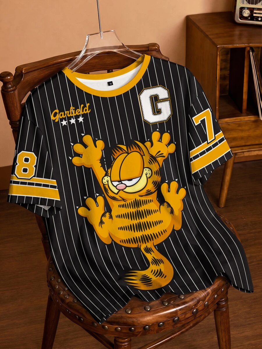 GARFIELD | SHEIN Plus Size Striped Cartoon Graphic Print Short Sleeve T-Shirt - White - View 1