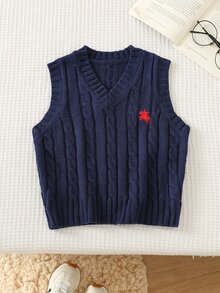 SHEIN 小男孩休閒簡約學院風返校季，柔軟針織圓領套頭毛衣背心，適合春夏秋冬 - 藏蓝色 - 查看 4