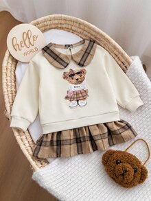 SHEIN Babygirl Cute College Style Casual Cartoon Pattern Collared Autumn Winter Dress - White - View 11