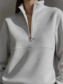 SHEIN EZwear 女款純色長袖半拉鍊休閒運動衫 - 灰色 - 查看 3