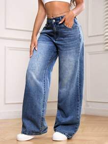 SHEIN PETITE Women's Casual Versatile Daily Travel Denim Jeans With Pockets And Buttons - Medium Wash - View 7
