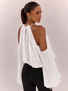 SHEIN BAE 女款純色露肩休閒百搭日常穿著襯衫 - 白色 - 查看 2