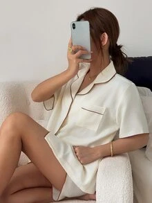 Napfluff Minimalist Contrast Trim Pajamas, Cute Bowknot Short Sleeve 2 Pieces Set - Apricot - View 3
