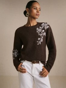 Poéselle Women's Brown Floral Embroidered Fuzzy Knit Sweater Soft Cozy Crewneck Long Sleeve Pullover Fall Christmas Everyday French Elegant Romantic Brunch - Brown - View 3