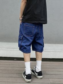 Manfinity EMRG 男士夏季休閒工裝牛仔短褲 - 深色水洗藍 - 查看 2