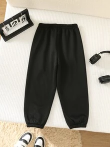 SHEIN 男童休閒學院風加厚保暖內裡運動長褲，適合通勤、上學與日常休閒穿著 - 黑色 - 查看 2
