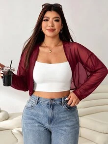 Solflare Casual Safari Burgundy Plus Size Lightweight Sheer Mesh Long Jacket With Raglan Sleeves, Suitable For Outdoor Family Vacation Office, Daily, Autumn - Burgundy - View 4