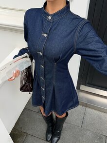 Siren Gaze Women's Long Sleeve Single-Breasted Casual Denim Dress, Fall Winter Elegant Denim Dress For Women, Stand Collar Mini Dress, Office Wear, Cute Dress. - Blue - View 1